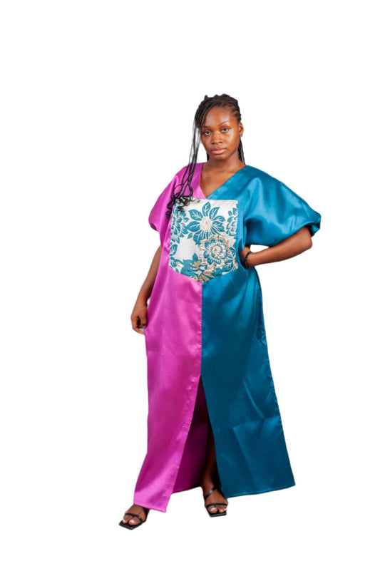 Female Bubu With Damask Design – Pink and Teal Mikado.