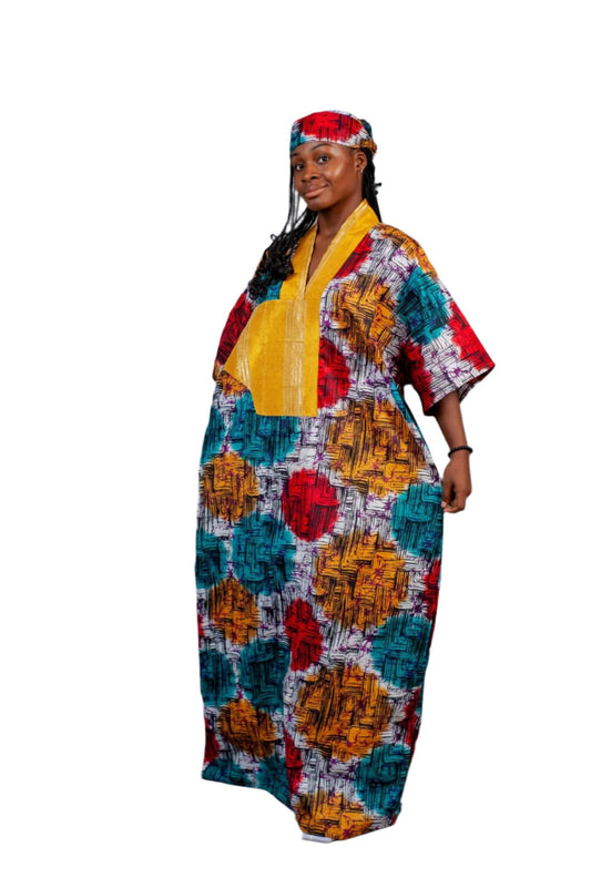 Female Bubu With Yellow Neck Design – Multicolour Adire