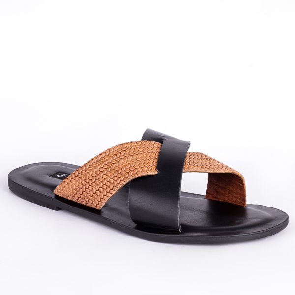 Male Leather Palm Slippers with Fabric Weaving Design in Nigeria