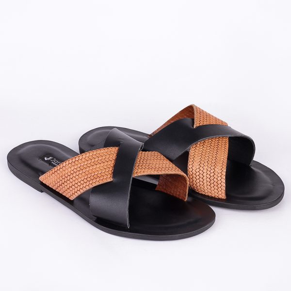 Male Leather Palm Slippers with Fabric Weaving Design in Nigeria