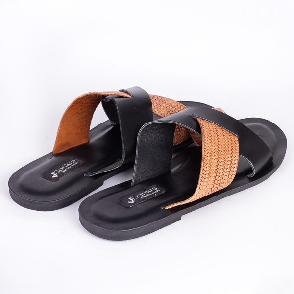 Male Leather Palm Slippers with Fabric Weaving Design in Nigeria