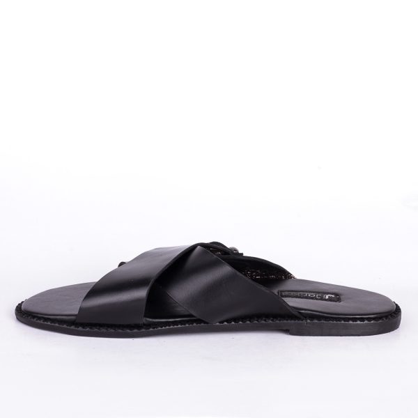 Male Black Leather Slippers with Fancy Silver Buckle in Nigeria