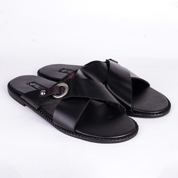 Male Black Leather Slippers with Fancy Silver Buckle in Nigeria