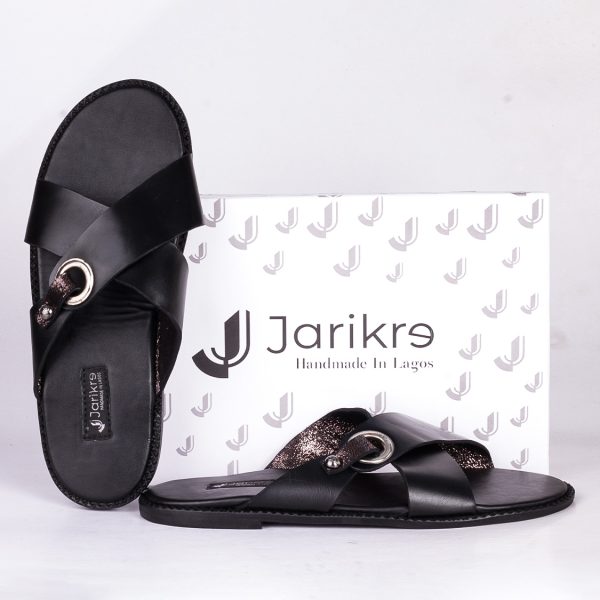 Male Black Leather Slippers with Fancy Silver Buckle in Nigeria