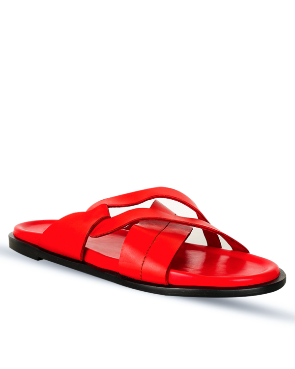 Male Crossed Leather Slippers - Red