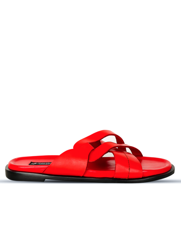 Male Crossed Leather Slippers - Red