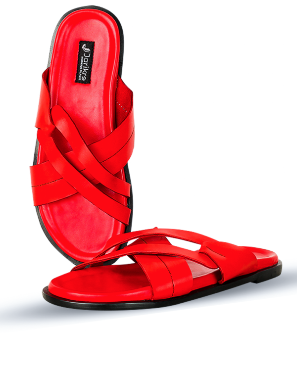 Male Crossed Leather Slippers - Red