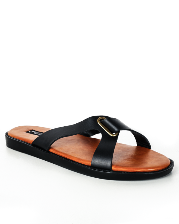 Male Crossed Top Flat Leather Palm Slippers - Black