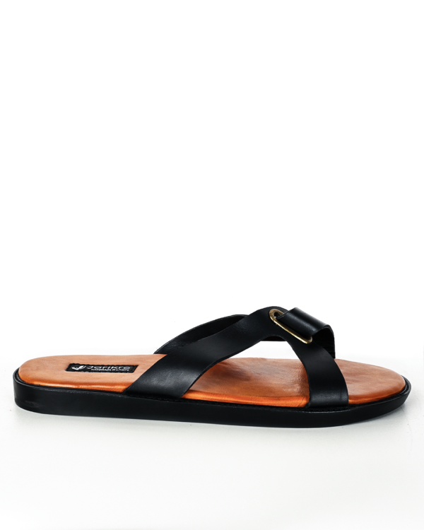 Male Crossed Top Flat Leather Palm Slippers - Black