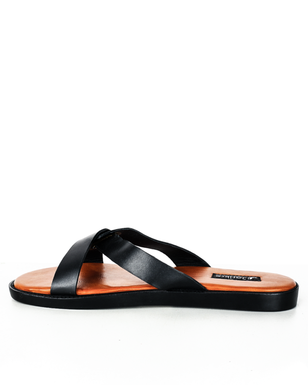 Male Crossed Top Flat Leather Palm Slippers - Black