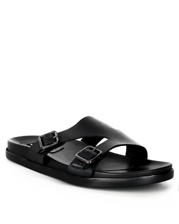 Male Double Buckle Flat Leather Slippers - Black