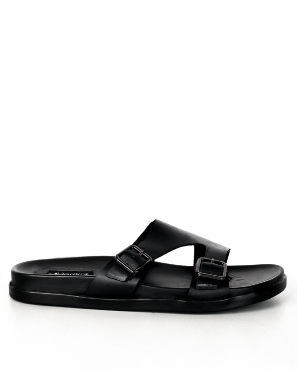 Male Double Buckle Flat Leather Slippers - Black