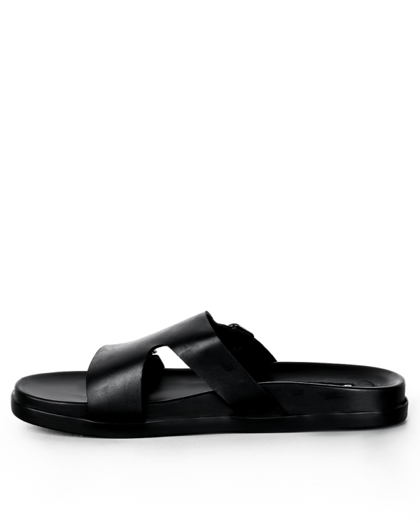 Male Double Buckle Flat Leather Slippers - Black