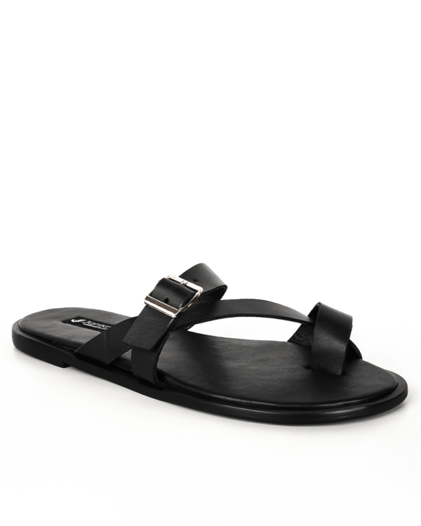 Male Crossed Top Flat Leather Slippers With Single Buckle - Black