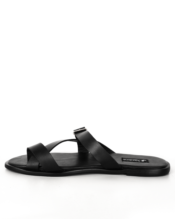 Male Crossed Top Flat Leather Slippers With Single Buckle - Black