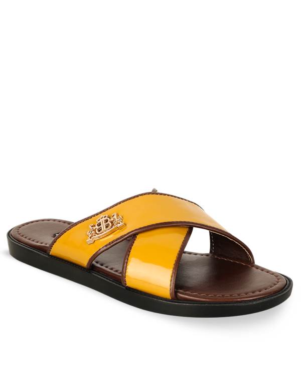 Male Crossed Top Flat Leather Palm Slippers - Yellow