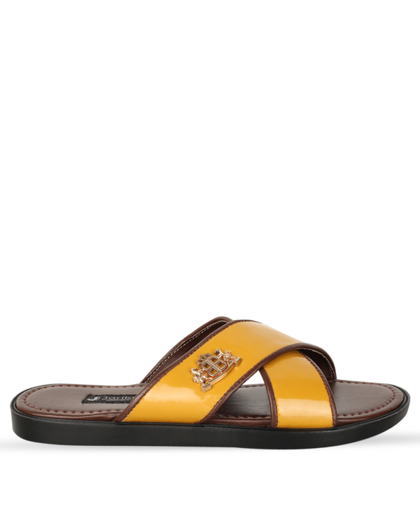 Male Crossed Top Flat Leather Palm Slippers - Yellow