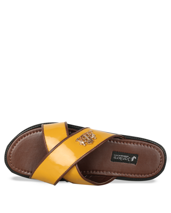 Male Crossed Top Flat Leather Palm Slippers - Yellow