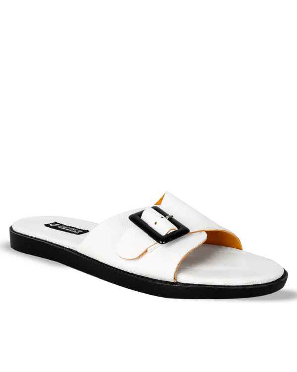 Male Leather Slippers With Single Buckle - White