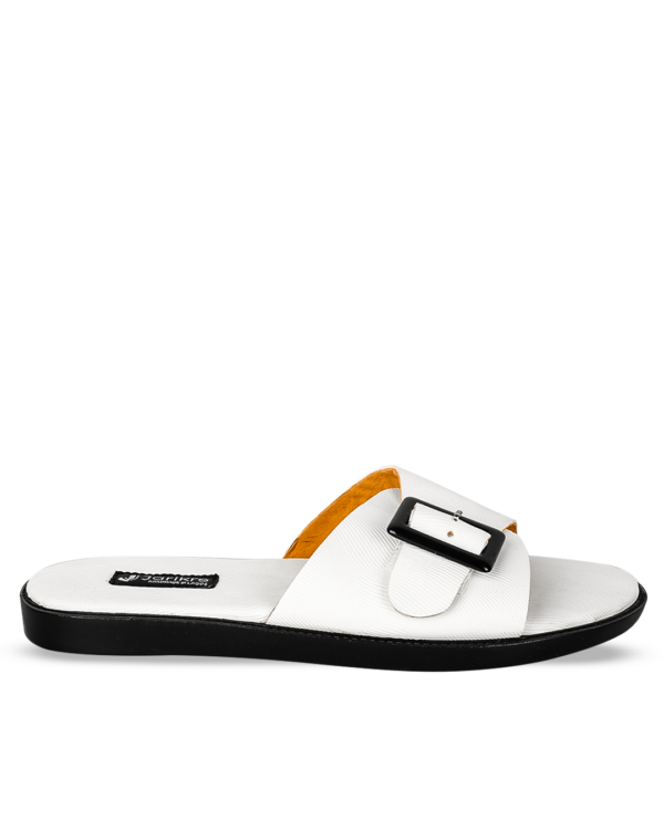 Male Leather Slippers With Single Buckle - White