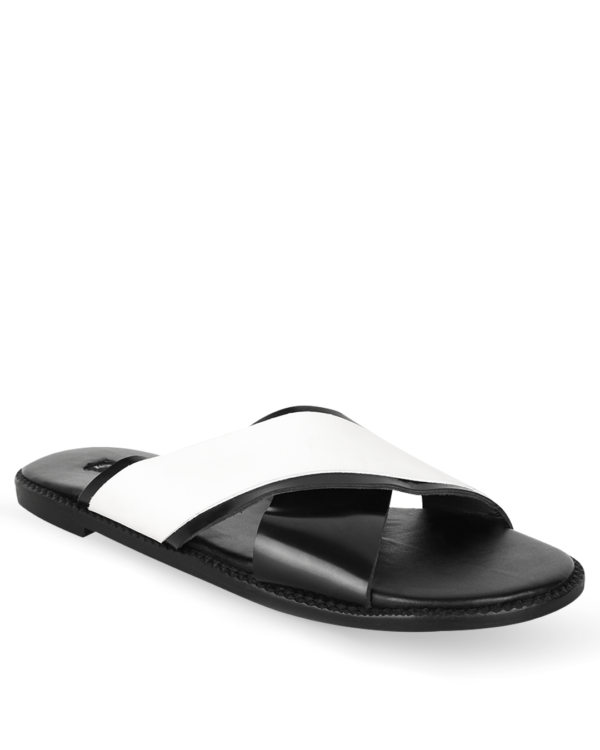 Male Crossed Top Leather Palm Slippers - Black & White