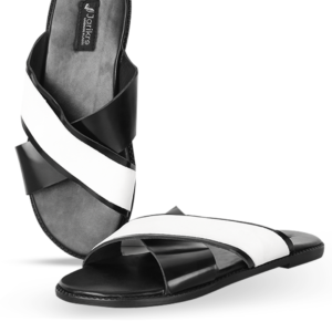 Male Crossed Top Leather Palm Slippers - Black & White