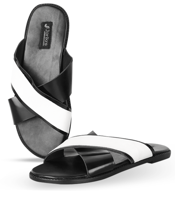 Male Crossed Top Leather Palm Slippers - Black & White