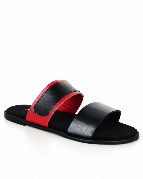 Male Flat Leather Slippers - Black & Red