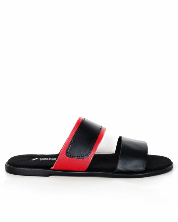 Male Flat Leather Slippers - Black & Red