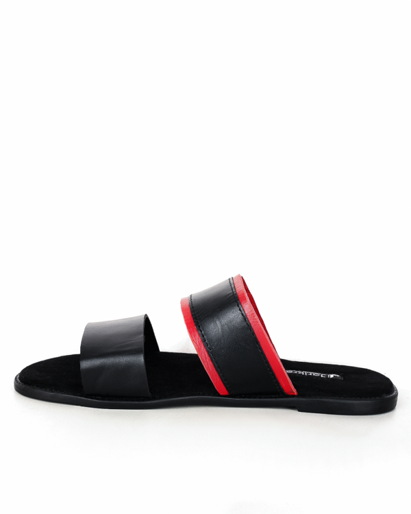 Male Flat Leather Slippers - Black & Red