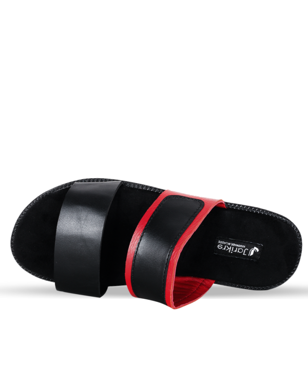 Male Flat Leather Slippers - Black & Red