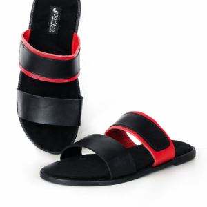 Male Flat Leather Slippers - Black & Red