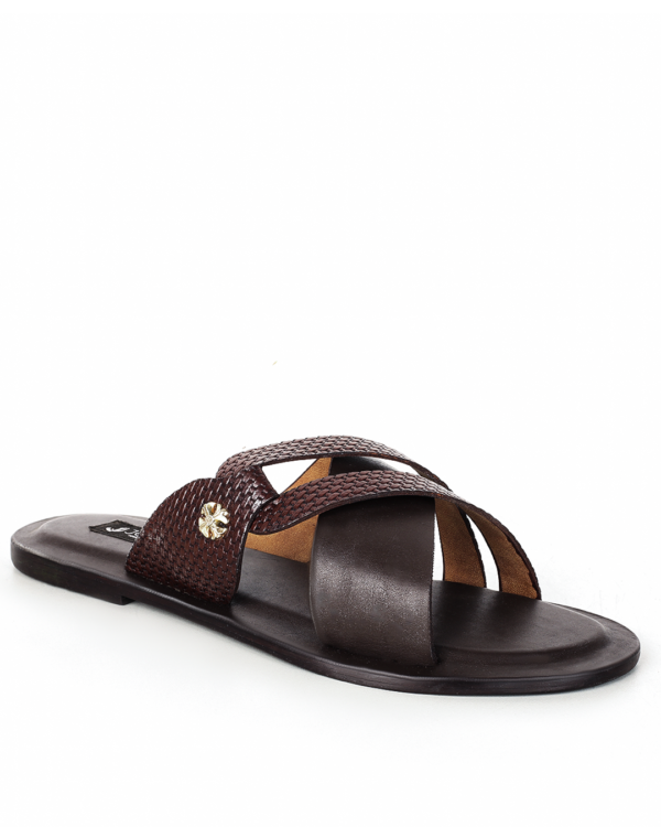 Male Crossed Top Leather Palm Slippers - Brown