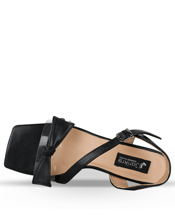 Female Leather Sandals With Heel And Bow Tie Design - Black