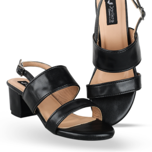 Female Plain Leather Sandals With Heel - Black