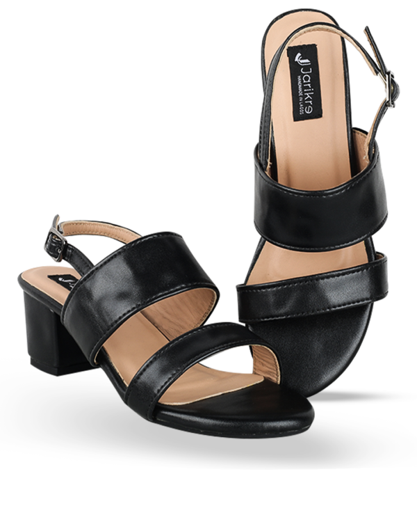 Female Plain Leather Sandals With Heel - Black