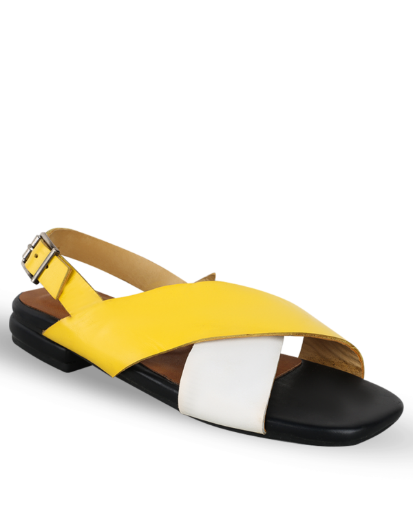 Female Crossed Top Leather Sandal - Yellow & White