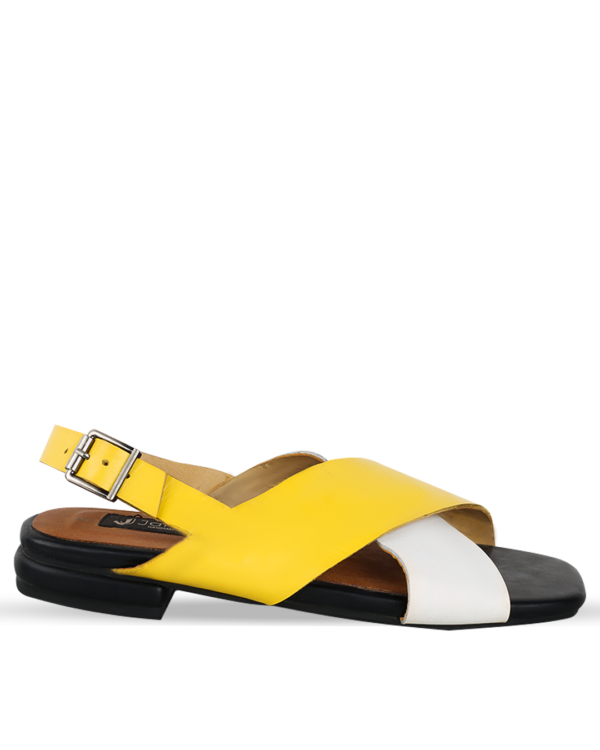 Female Crossed Top Leather Sandal - Yellow & White