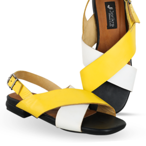 Female Crossed Top Leather Sandal - Yellow & White