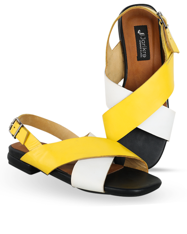 Female Crossed Top Leather Sandal - Yellow & White