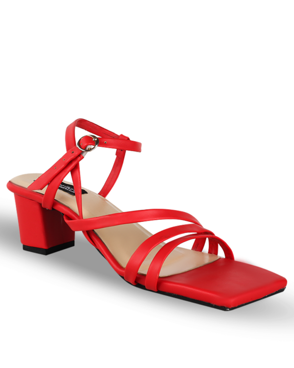 Female Plain Leather Sandals With Heel - Red