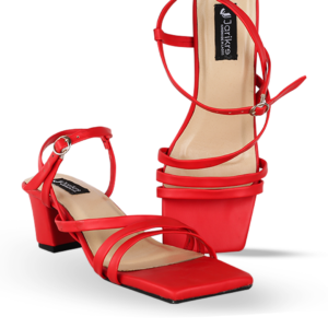 Female Plain Leather Sandals With Heel - Red