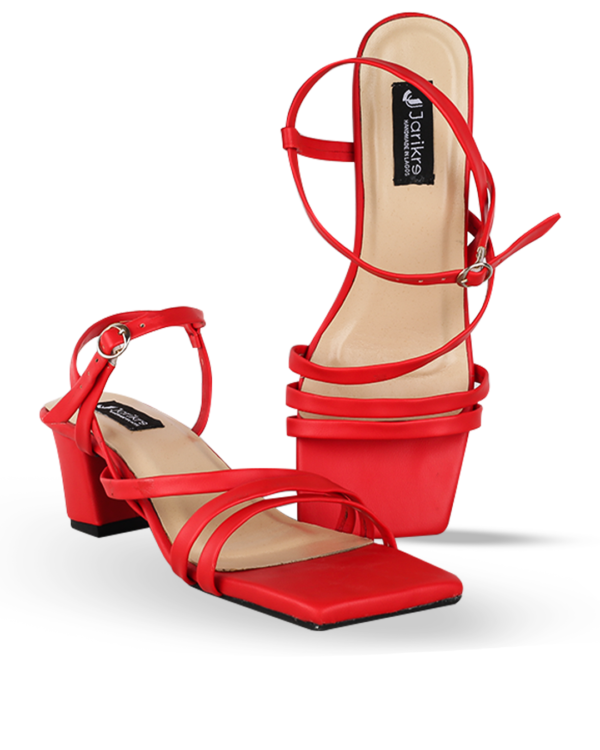 Female Plain Leather Sandals With Heel - Red