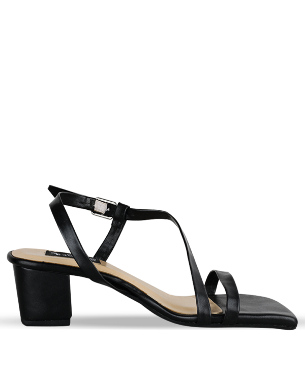 Female Plain Leather Sandals With Heel & Buckle - Black