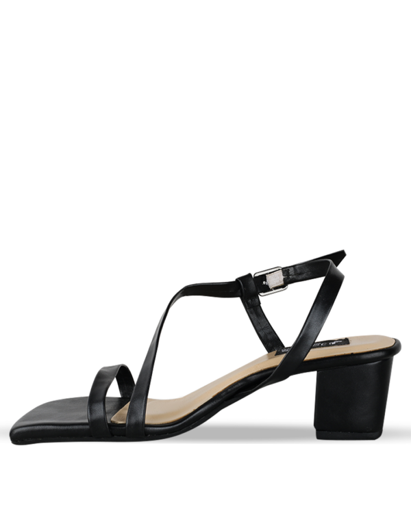 Female Plain Leather Sandals With Heel & Buckle - Black