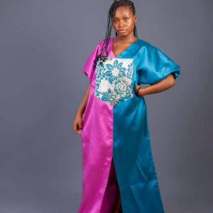 Female Bubu With Damask Design - Pink and Teal Mikado