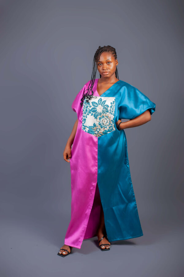 Female Bubu With Damask Design - Pink and Teal Mikado