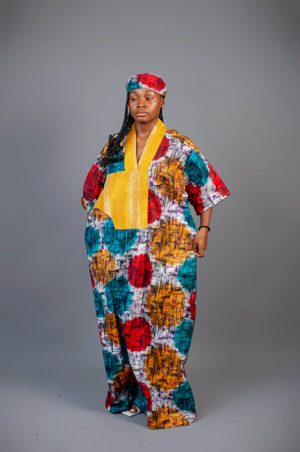 Female Bubu With Yellow Neck Design - Multicolour Adire