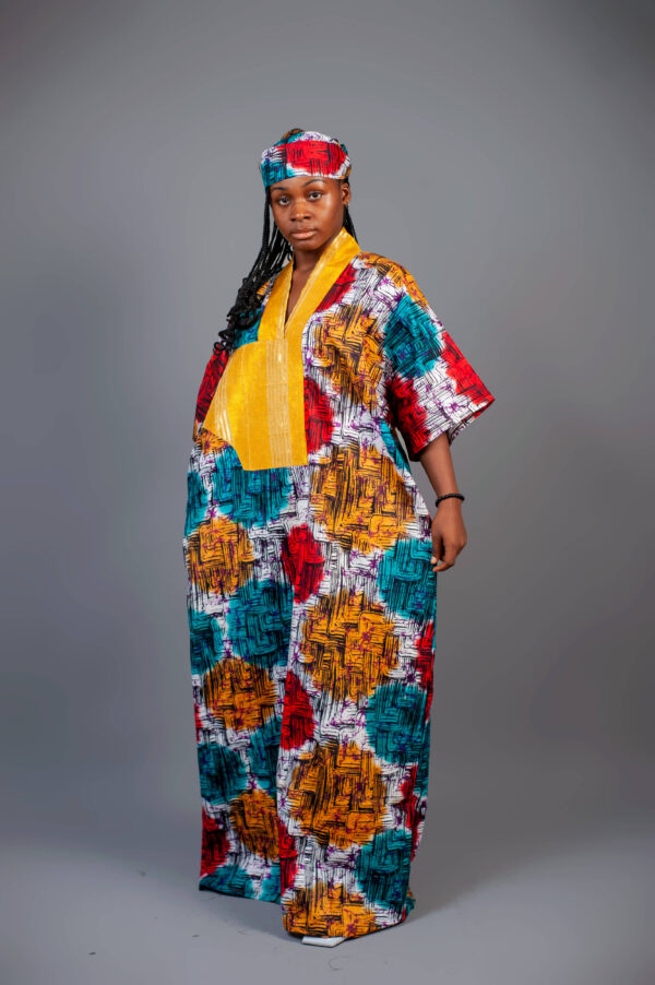 Female Bubu With Yellow Neck Design - Multicolour Adire