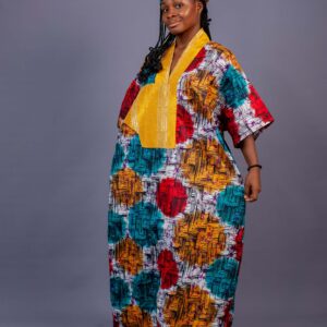 Female Bubu With Yellow Neck Design - Multicolour Adire